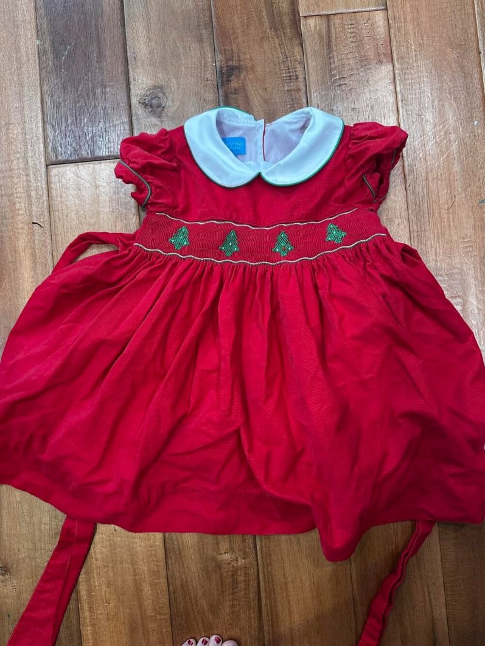 Anavini Red Christmas Tree Hand Smocked Corduroy Dress size 4T
